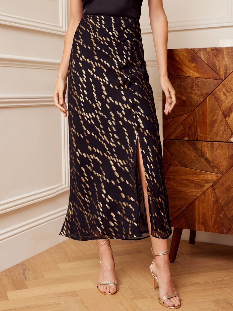 Love & Roses Black and Gold Metallic Bias Cut Button Detail Midi Skirt - Image 1 of 4