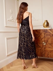 Love & Roses Black and Gold Metallic Bias Cut Button Detail Midi Skirt - Image 3 of 4