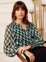 Love & Roses Green and Black Geo Sheer V Neck Long Sleeve Over The Head Blouse - Image 1 of 4