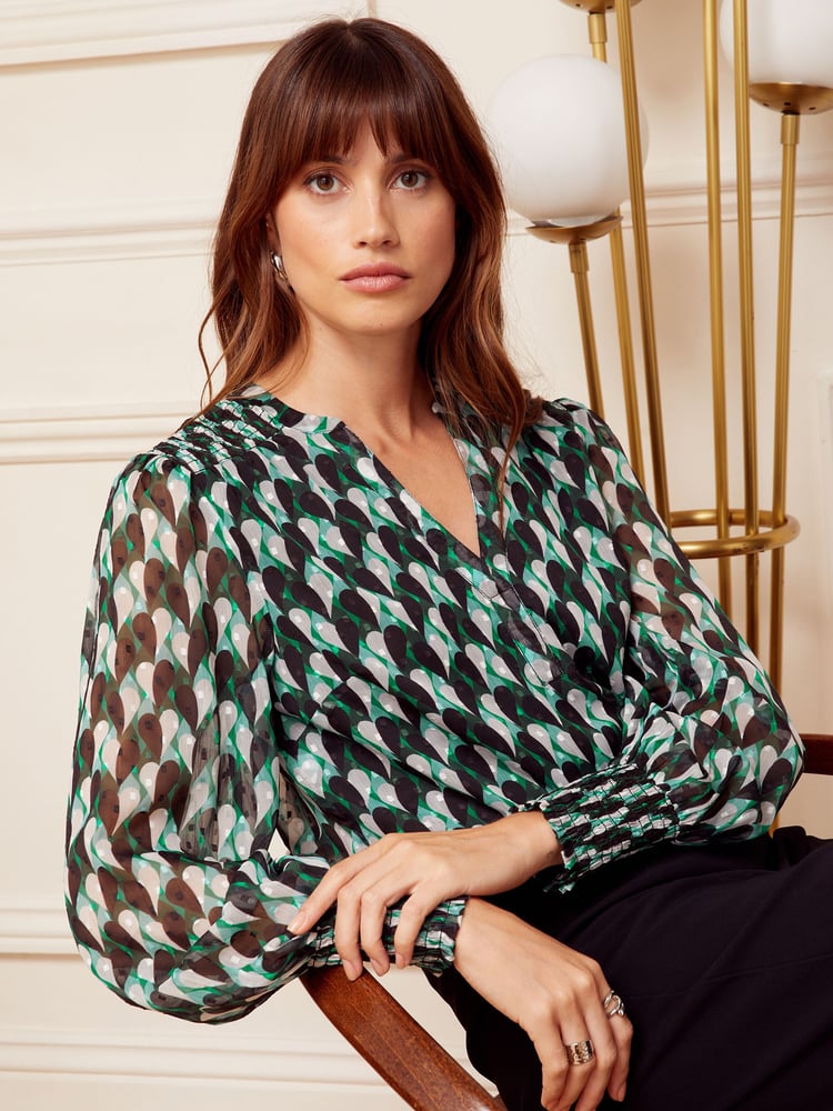 Love & Roses Green and Black Geo Sheer V Neck Long Sleeve Over The Head Blouse - Image 1 of 4