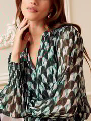 Love & Roses Green and Black Geo Sheer V Neck Long Sleeve Over The Head Blouse - Image 2 of 4