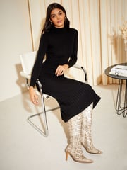 Friends Like These Black High Neck Knitted Pleated Long Sleeve Midi Dress - Image 2 of 4