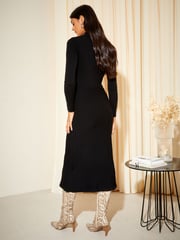 Friends Like These Black High Neck Knitted Pleated Long Sleeve Midi Dress - Image 4 of 4