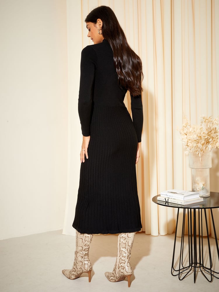 Friends Like These Black High Neck Knitted Pleated Long Sleeve Midi Dress - Image 4 of 4
