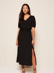 Friends Like These Black Puff Sleeve Ruched Waist V Neck Midi Dress - Image 1 of 4