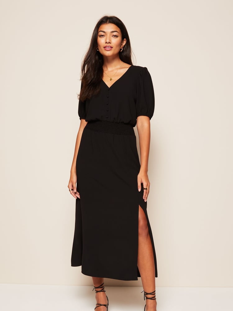 Friends Like These Black Puff Sleeve Ruched Waist V Neck Midi Dress - Image 1 of 4