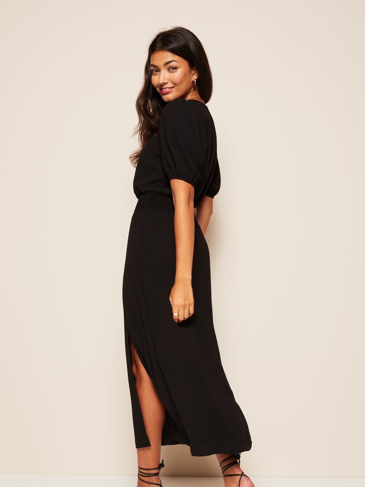 Friends Like These Black Puff Sleeve Ruched Waist V Neck Midi Dress - Image 2 of 4