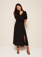 Friends Like These Black Puff Sleeve Ruched Waist V Neck Midi Dress - Image 3 of 4