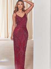 Sistaglam Burgundy Red Petite Heavy Embellished Sequin and Beaded Cami Maxi Dress - Image 1 of 2