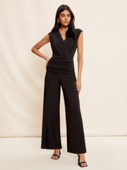 Friends Like These Black Ruche Waist Wrap Style Slinky Sleeveless Wide Leg Jumpsuit - Image 1 of 4