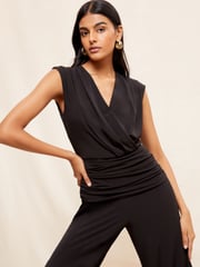 Friends Like These Black Ruche Waist Wrap Style Slinky Sleeveless Wide Leg Jumpsuit - Image 2 of 4