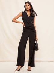 Friends Like These Black Ruche Waist Wrap Style Slinky Sleeveless Wide Leg Jumpsuit - Image 3 of 4
