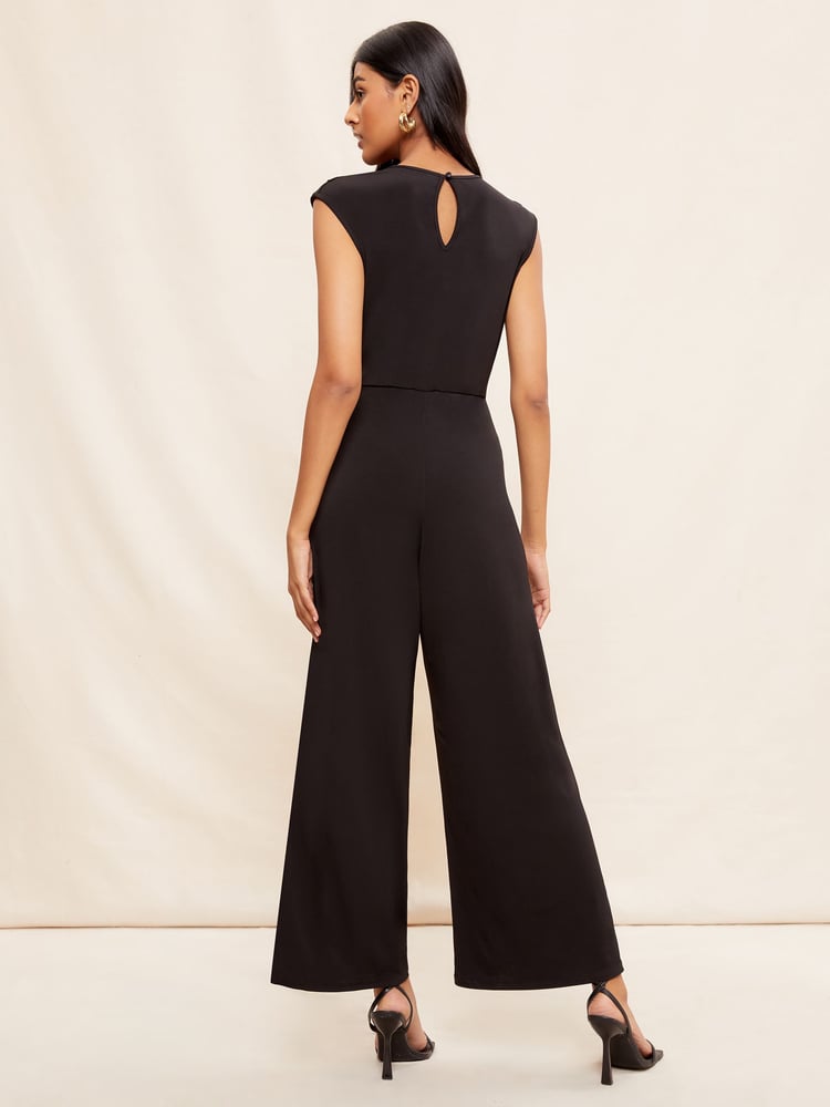 Friends Like These Black Ruche Waist Wrap Style Slinky Sleeveless Wide Leg Jumpsuit - Image 4 of 4 Friends Like These Black Ruche Waist Wrap Style Slinky Sleeveless Wide Leg Jumpsuit - Image 4 of 4