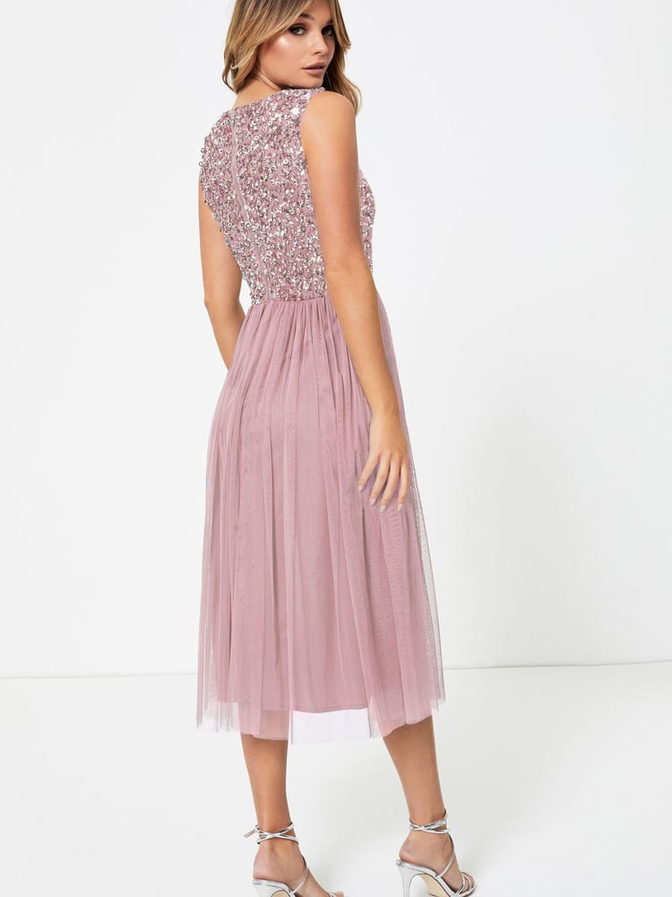 Maya Pink Petite V Neck Sleeveless Sequin Midi Dress - Image 2 of 4 Maya Pink Petite V Neck Sleeveless Sequin Midi Dress - Image 2 of 4