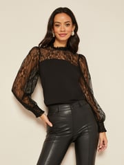 Friends Like These Black Lace Long Sleeve High Neck Top - Image 1 of 4
