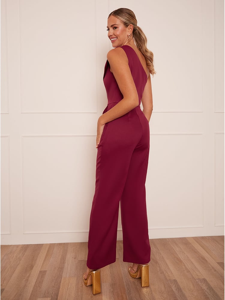 Chi Chi London Berry Red Cut Out One Shoulder Jumpsuit - Image 2 of 5