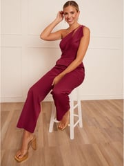 Chi Chi London Berry Red Cut Out One Shoulder Jumpsuit - Image 3 of 5