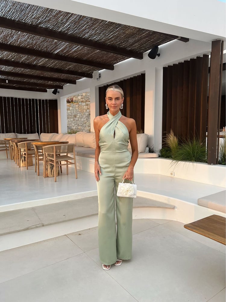 In The Style Green Perrie Sian Satin Cross Front Jumpsuit - Image 1 of 4