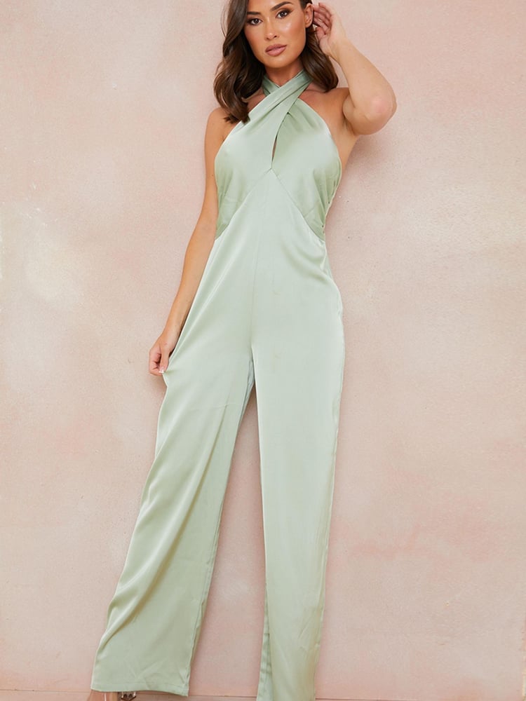 In The Style Green Perrie Sian Satin Cross Front Jumpsuit - Image 2 of 4