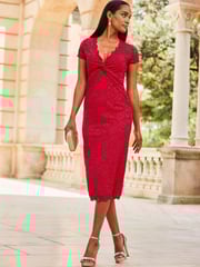 Sosandar Red Short Sleeve Lace Dress - Image 2 of 5