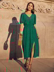 Friends Like These Green Puff Sleeve Ruched Waist V Neck Midi Dress - Image 1 of 4