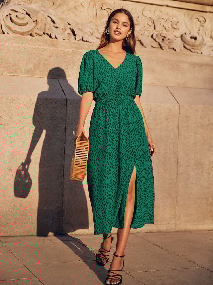 Friends Like These Green Puff Sleeve Ruched Waist V Neck Midi Dress - Image 1 of 4