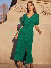 Friends Like These Green Puff Sleeve Ruched Waist V Neck Midi Dress - Image 2 of 4