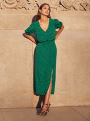 Friends Like These Green Puff Sleeve Ruched Waist V Neck Midi Dress - Image 4 of 4