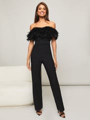 Lipsy Black Premium Feather Wide Leg Belted Jumpsuit - Image 1 of 4
