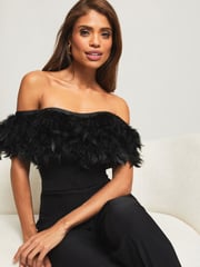 Lipsy Black Premium Feather Wide Leg Belted Jumpsuit - Image 4 of 4