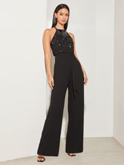 Lipsy Black Sequin Embellished Halter Wide Leg Jumpsuit - Image 1 of 4