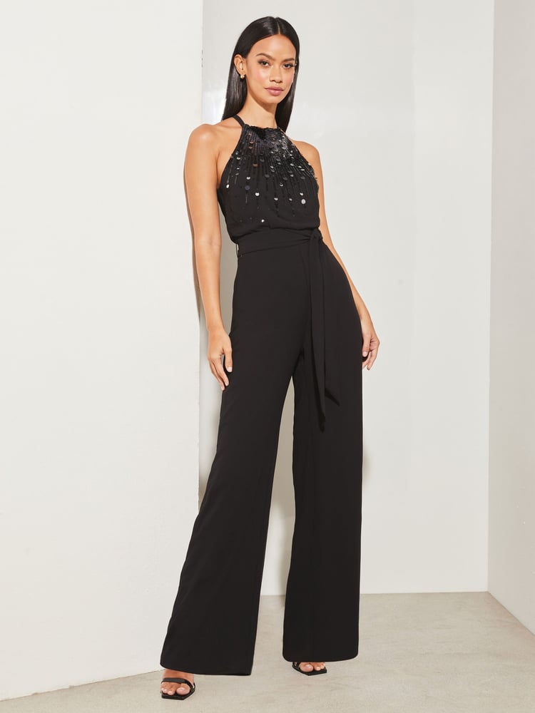 Lipsy Black Sequin Embellished Halter Wide Leg Jumpsuit - Image 1 of 4