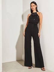 Lipsy Black Sequin Embellished Halter Wide Leg Jumpsuit - Image 3 of 4