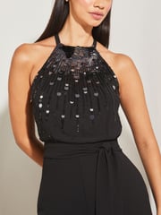 Lipsy Black Sequin Embellished Halter Wide Leg Jumpsuit - Image 4 of 4