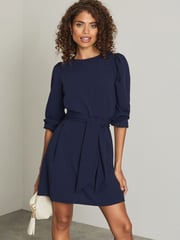 Lipsy Navy Petite Long Sleeve Round Neck Tie Waist Shift Dress - Image 1 of 4
