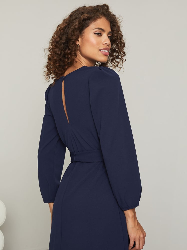 Lipsy Navy Petite Long Sleeve Round Neck Tie Waist Shift Dress - Image 2 of 4