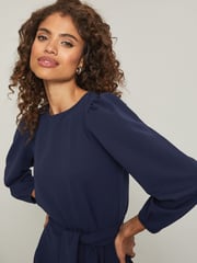 Lipsy Navy Petite Long Sleeve Round Neck Tie Waist Shift Dress - Image 4 of 4