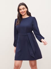 Lipsy Navy Curve Long Sleeve Round Neck Tie Waist Shift Dress - Image 1 of 4