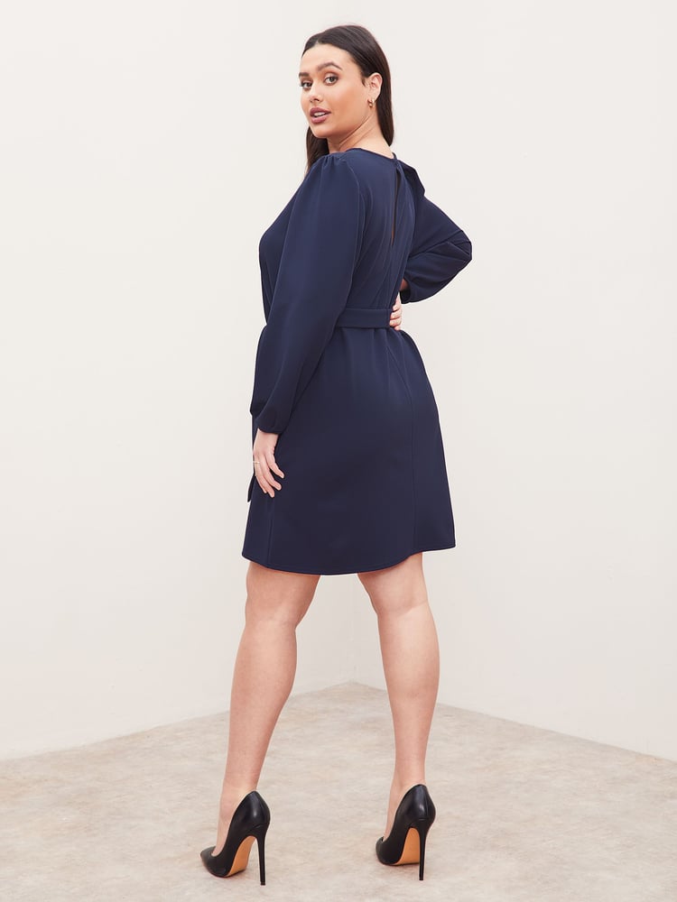 Lipsy Navy Curve Long Sleeve Round Neck Tie Waist Shift Dress - Image 2 of 4
