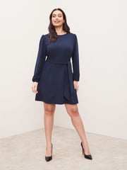 Lipsy Navy Curve Long Sleeve Round Neck Tie Waist Shift Dress - Image 4 of 4