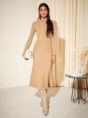 Friends Like These Camel High Neck Knitted Pleated Long Sleeve Midi Dress - Image 1 of 4
