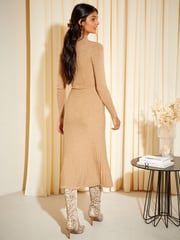 Friends Like These Camel High Neck Knitted Pleated Long Sleeve Midi Dress - Image 4 of 4
