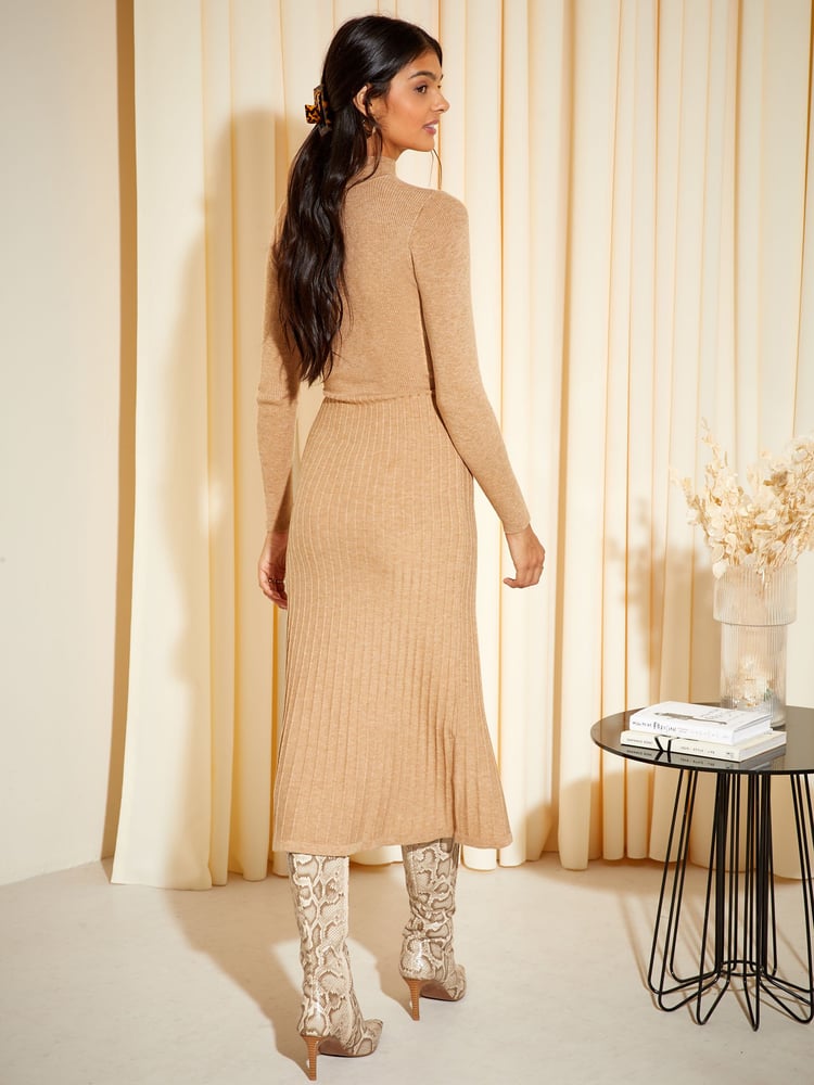 Friends Like These Camel High Neck Knitted Pleated Long Sleeve Midi Dress - Image 4 of 4
