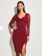 Lipsy Red Knotted Sweetheart Neck Lace Long Sleeve Corset Dress - Image 1 of 4