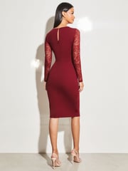 Lipsy Red Knotted Sweetheart Neck Lace Long Sleeve Corset Dress - Image 2 of 4