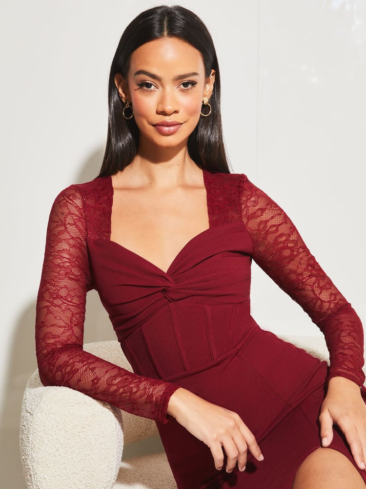 Lipsy Red Knotted Sweetheart Neck Lace Long Sleeve Corset Dress - Image 4 of 4