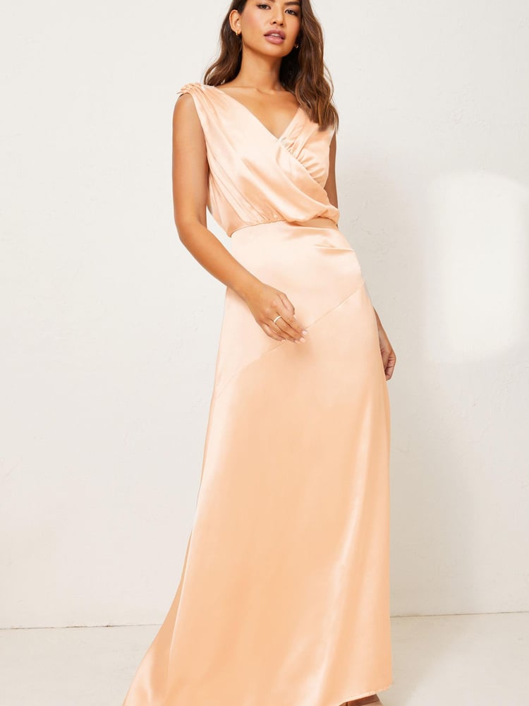 Lipsy Gold Maisie Satin Drape Bridesmaid Dress - Image 1 of 4