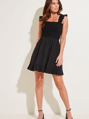 Pour Moi Black Lucy Cotton Poplin Frill Shoulder Mini Dress - Image 1 of 4