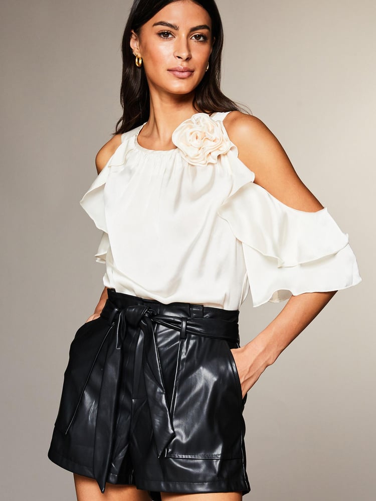 Lipsy Cream Cold Shoulder Ruffle Corsage Top - Image 1 of 4 Lipsy Cream Cold Shoulder Ruffle Corsage Top - Image 1 of 4