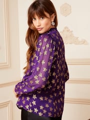 Love & Roses Purple Star Ruffle Sheer Tie Neck Long Sleeve Blouse - Image 3 of 4